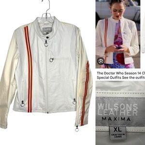 Vintage Wilsons Leather Maxima White Moto Racing Jacket Orange Stripes‎ XL Y2K